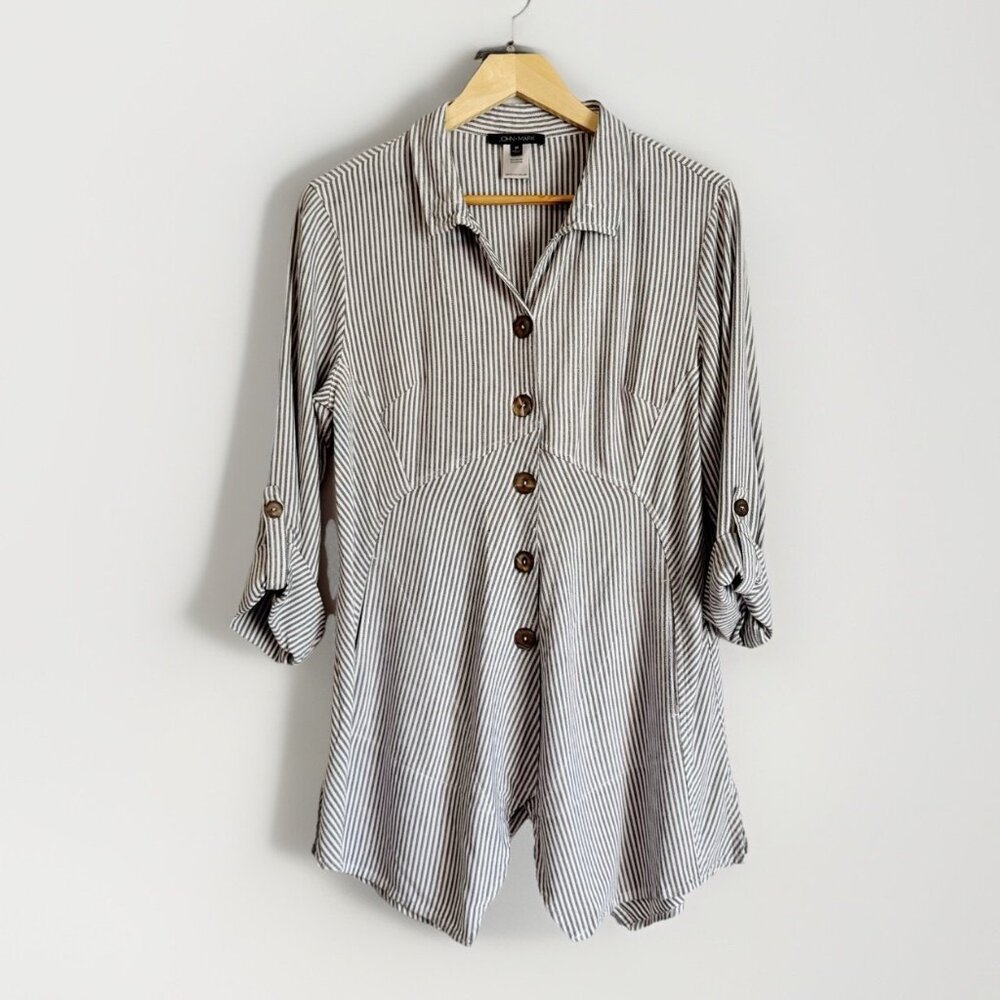 John Mark White Black Striped Button Up Asymmetric Top Medium Roll Tab Sleeves
